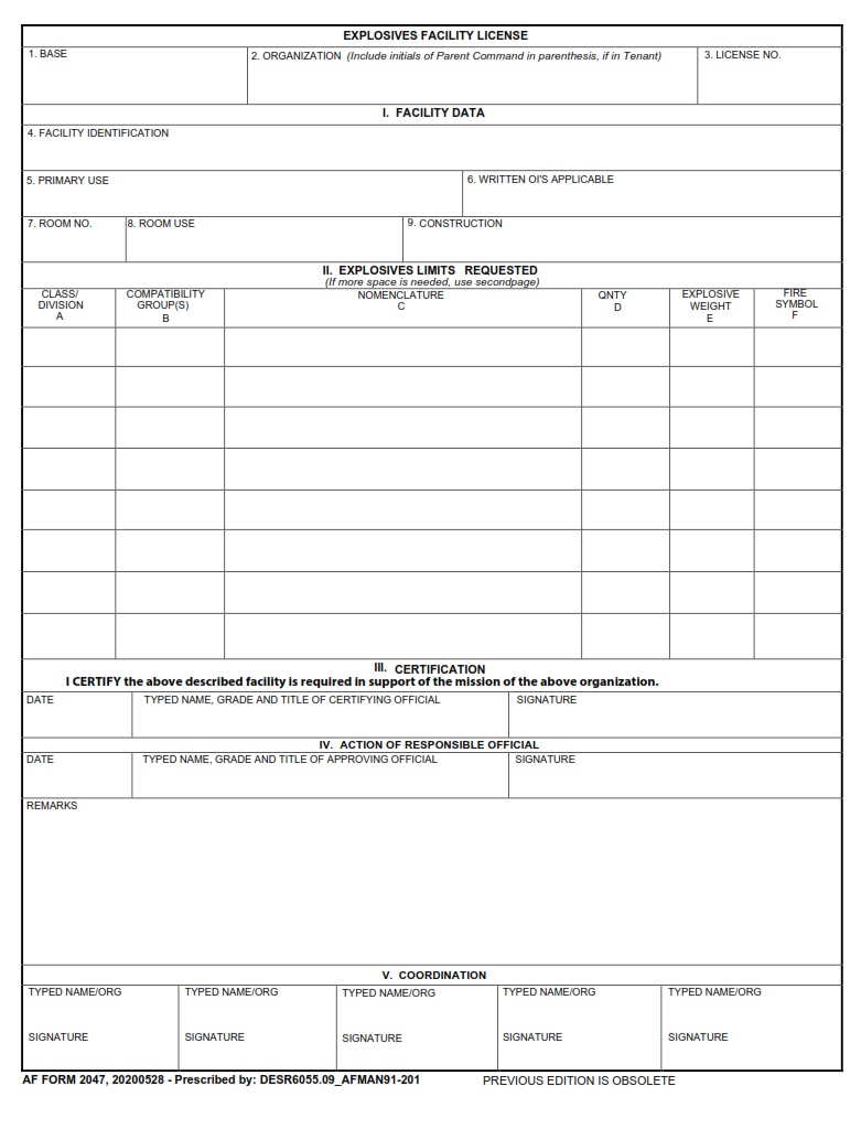 AF Form 2047 – Explosives Facility License - AF Forms