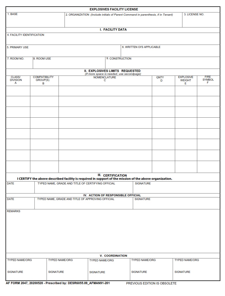 AF Form 2047 Explosives Facility License AF Forms