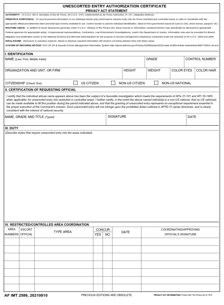 AF Form 2586 Unescorted Entry Authorization Certificate AF Forms