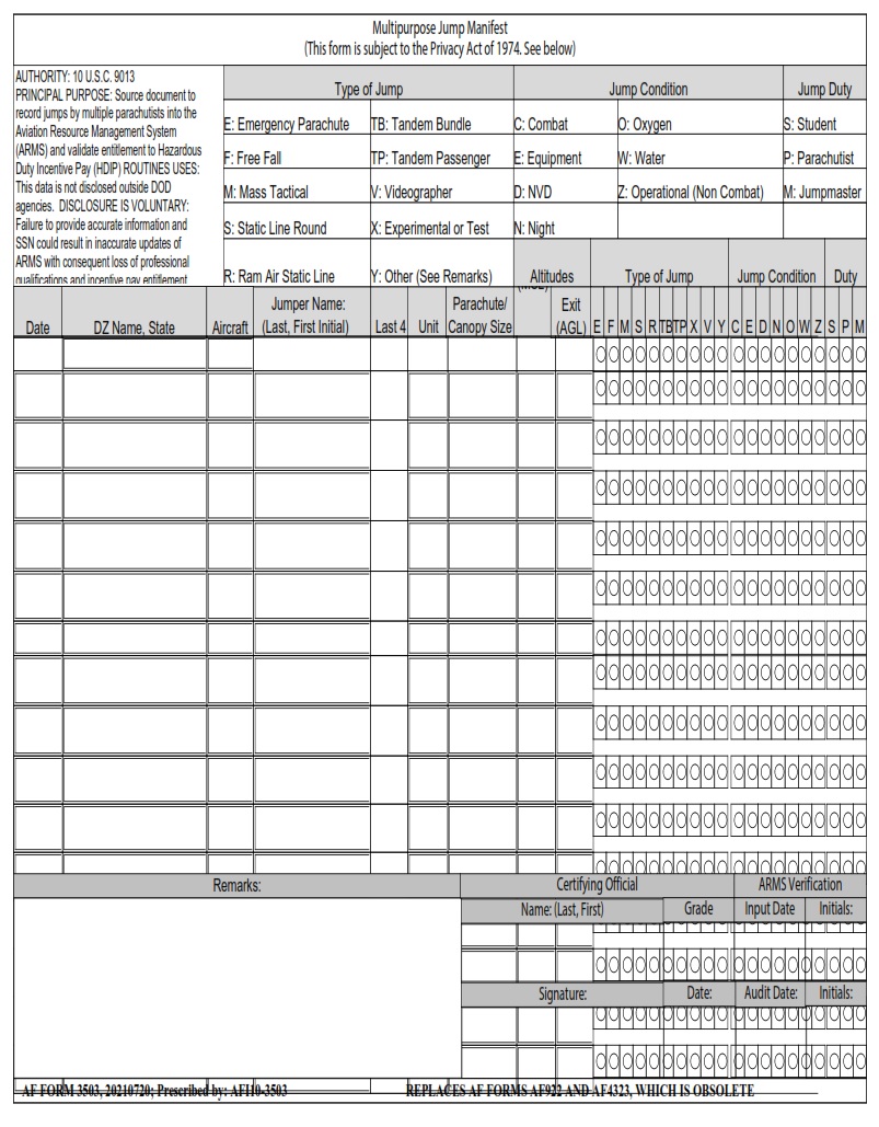 AF Form 3503 Multipurpose Jump Manifest AF Forms