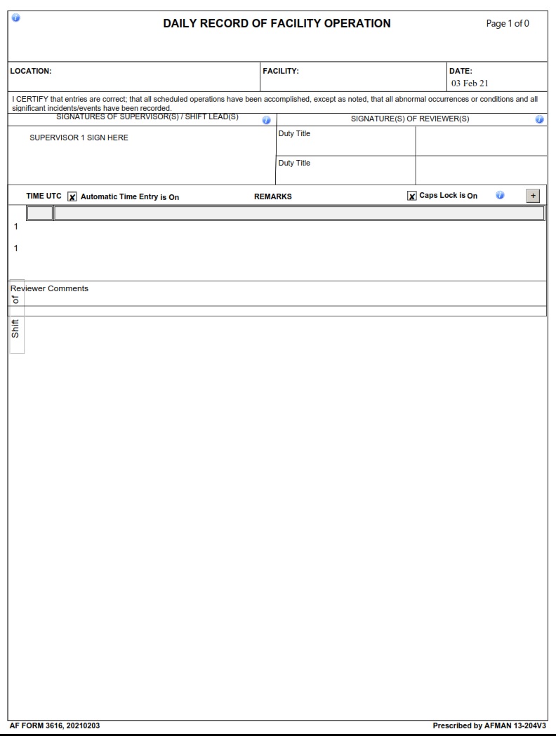 AF Form 3616 Daily Record Of Facility Operation AF Forms