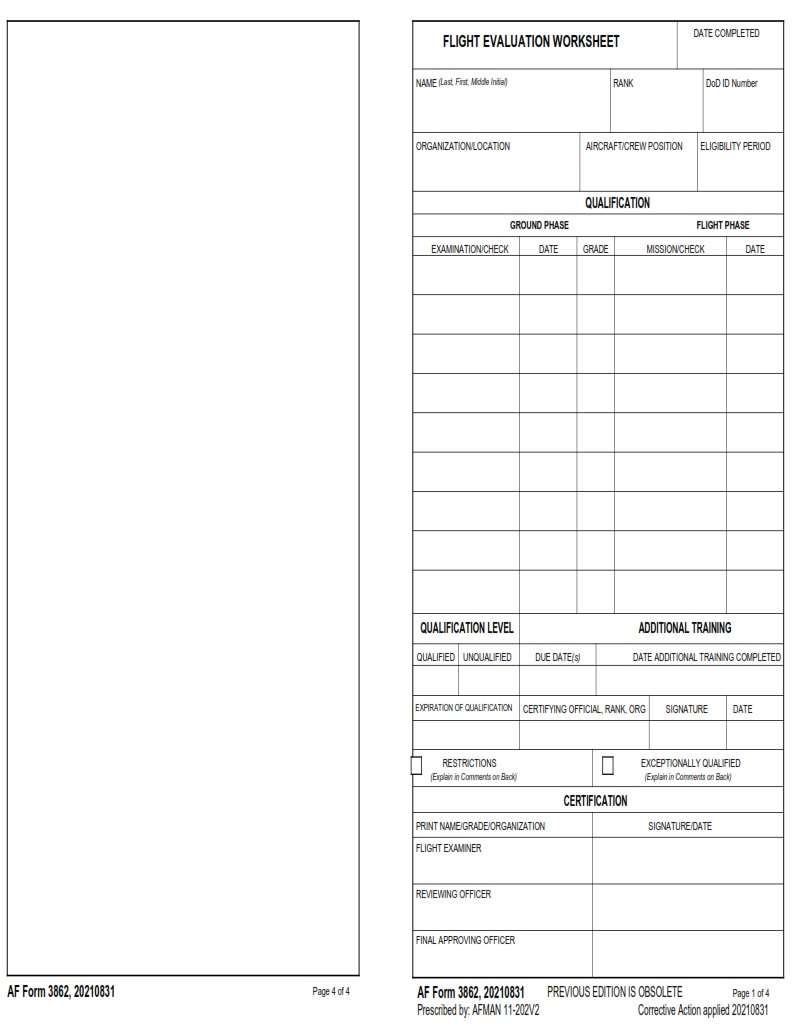 AF Form 3862 Flight Evaluation Worksheet AF Forms