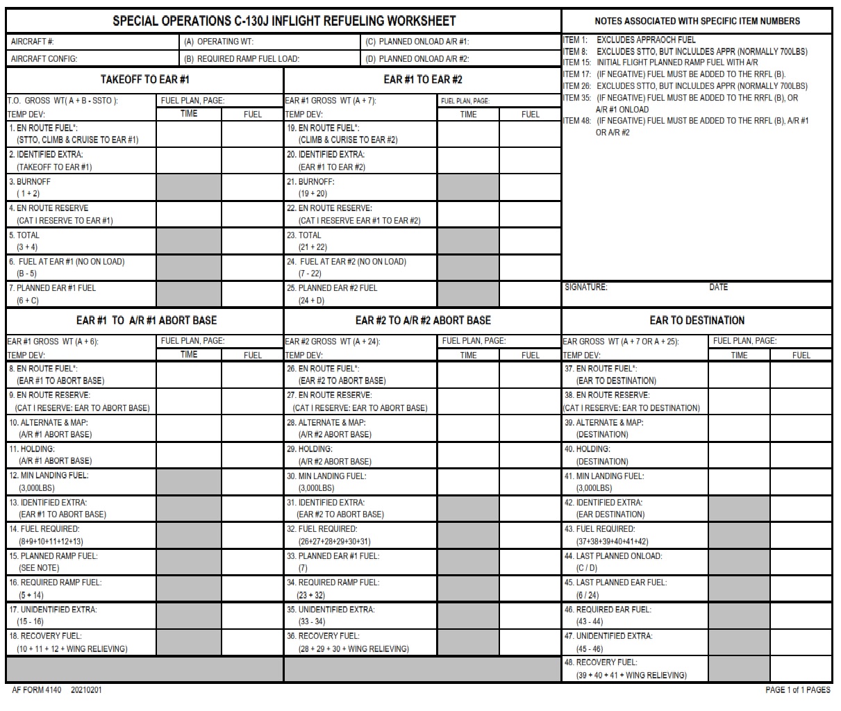 AF Form 4140 Special Operations C 130J Inflight Refueling Worksheet