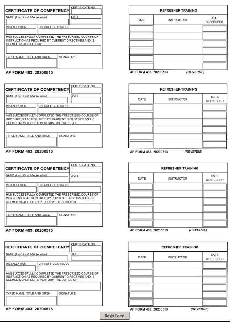 AF Form 483 Certificate Of Competency AF Forms