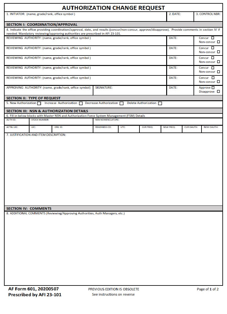 AF Form 601 Authorization Change Request AF Forms
