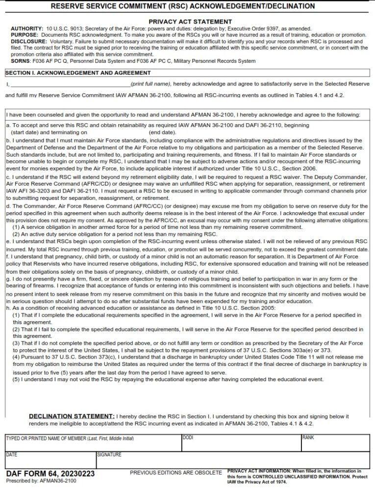 Af Form 64 Reserve Service Commitment Acknowledgementdeclination