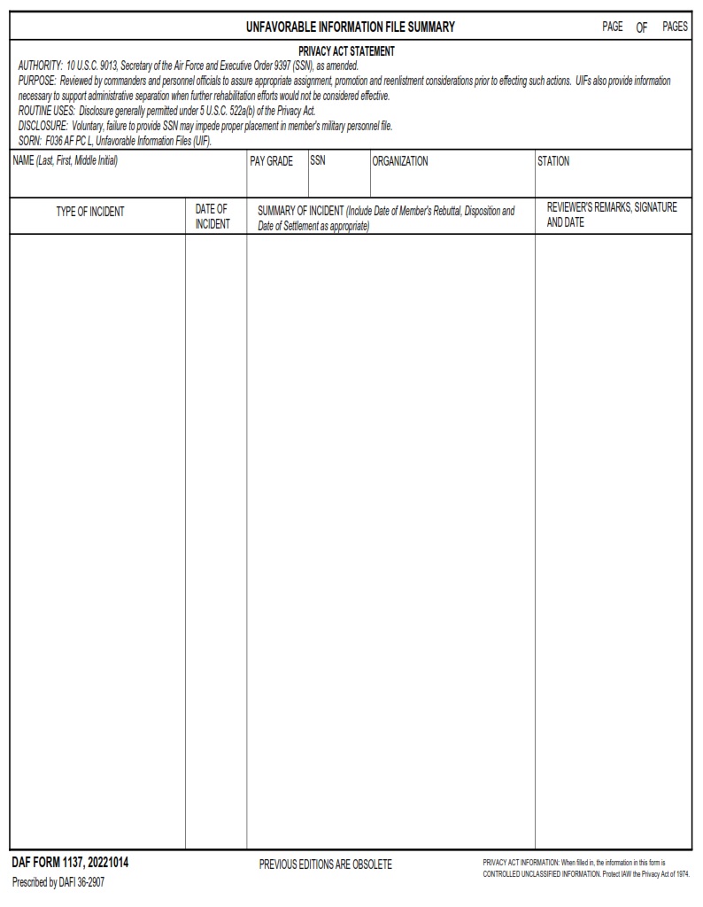 DAF Form 1137 Unfavorable Information File Summary AF Forms