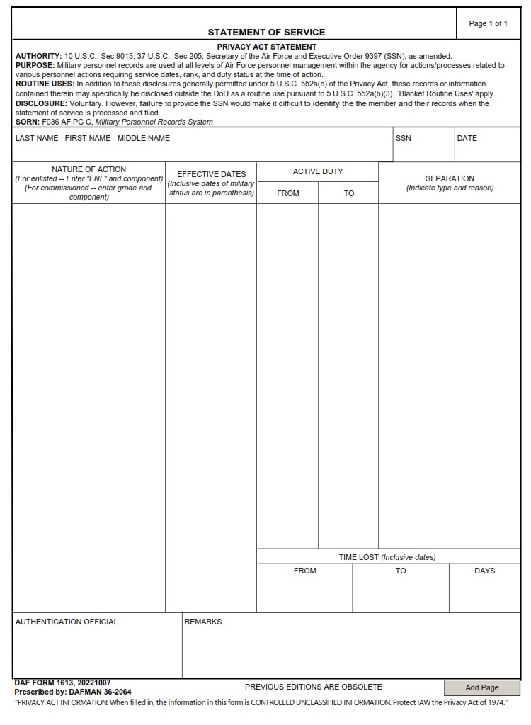DAF Form 1613 - Statement Of Servic - AF Forms