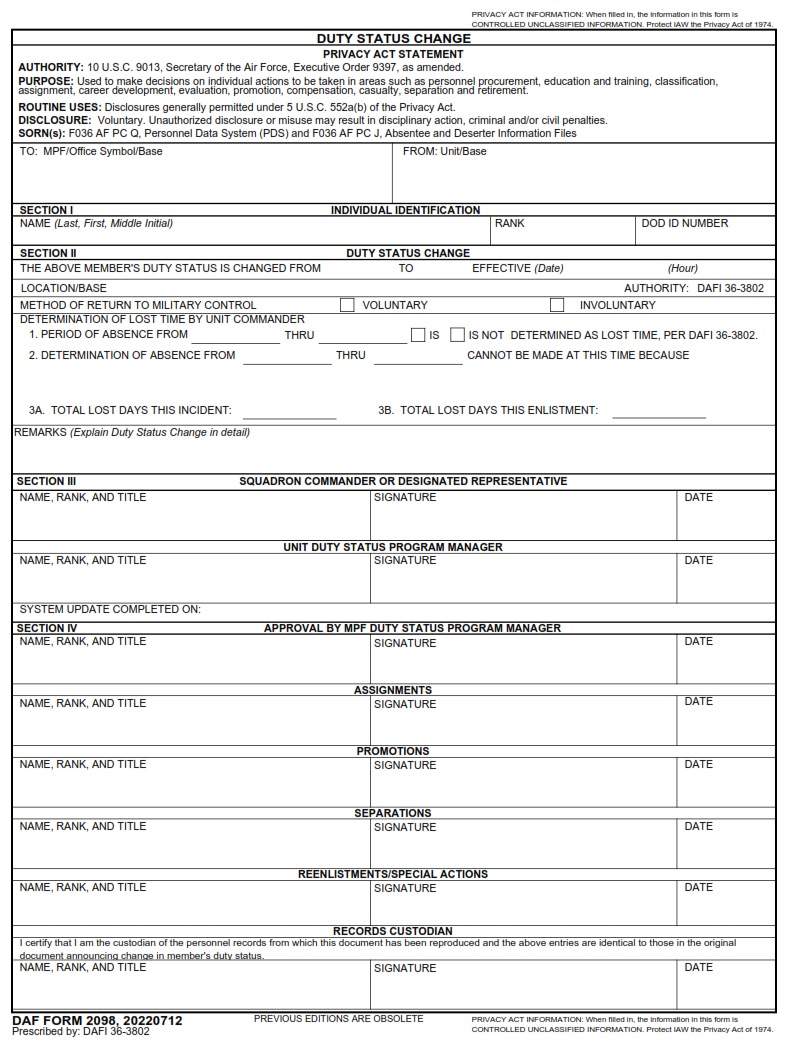 DAF Form 2098 Duty Status Change AF Forms