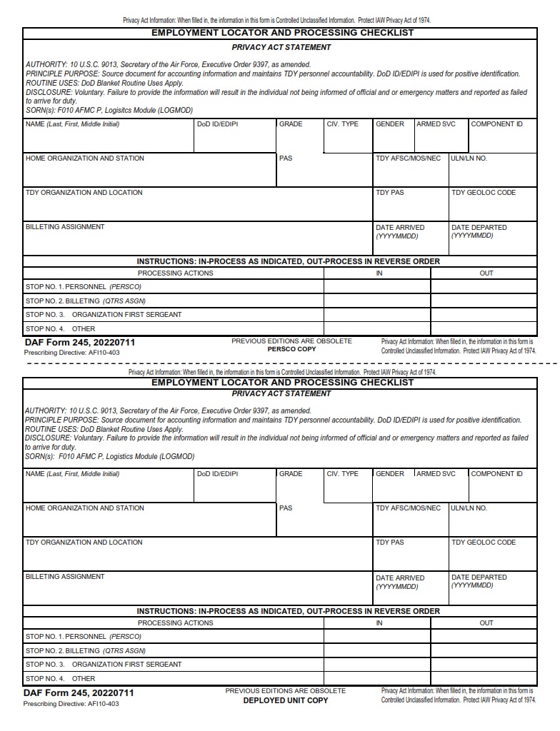 DAF Form 245 Employment Locator And Processing Checklist AF Forms