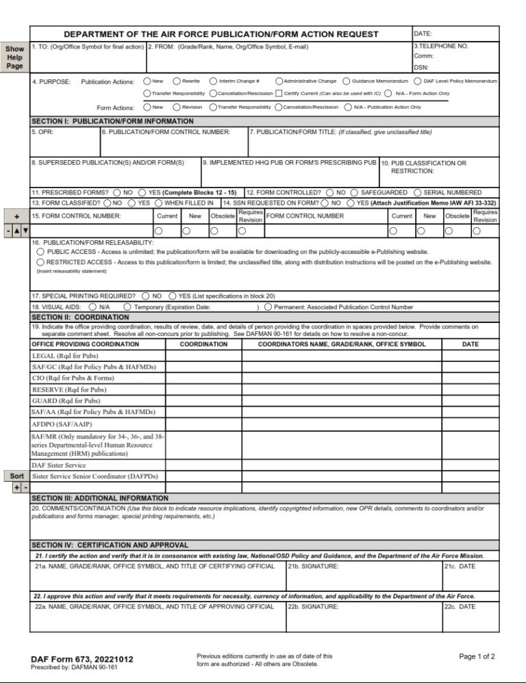 DAF Form 673 – Department Of The Air Force Publication/Form Action ...