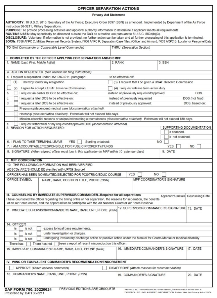 DAF Form 780 – Officer Separation Actions - AF Forms