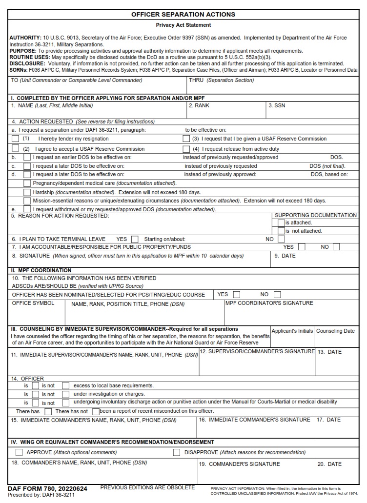 DAF Form 780 Officer Separation Actions AF Forms