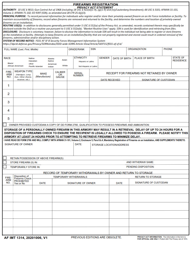AF Form 1314 Firearms Registration AF Forms