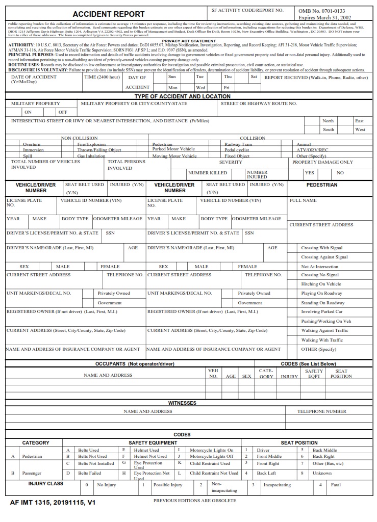 AF Form 1315 Accident Report AF Forms