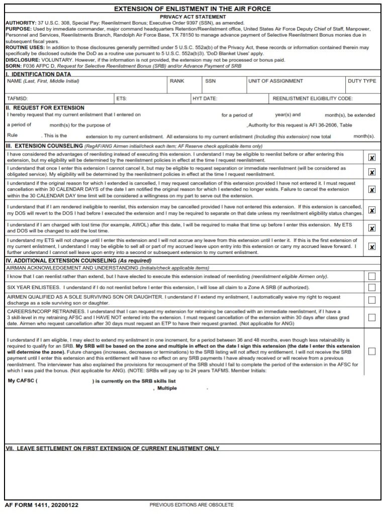 Af Form 1411 Extension Of Enlistment In The Air Force Af Forms