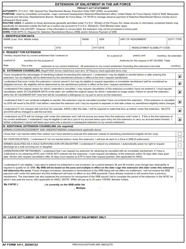 AF Form 1411 Extension Of Enlistment In The Air Force AF Forms