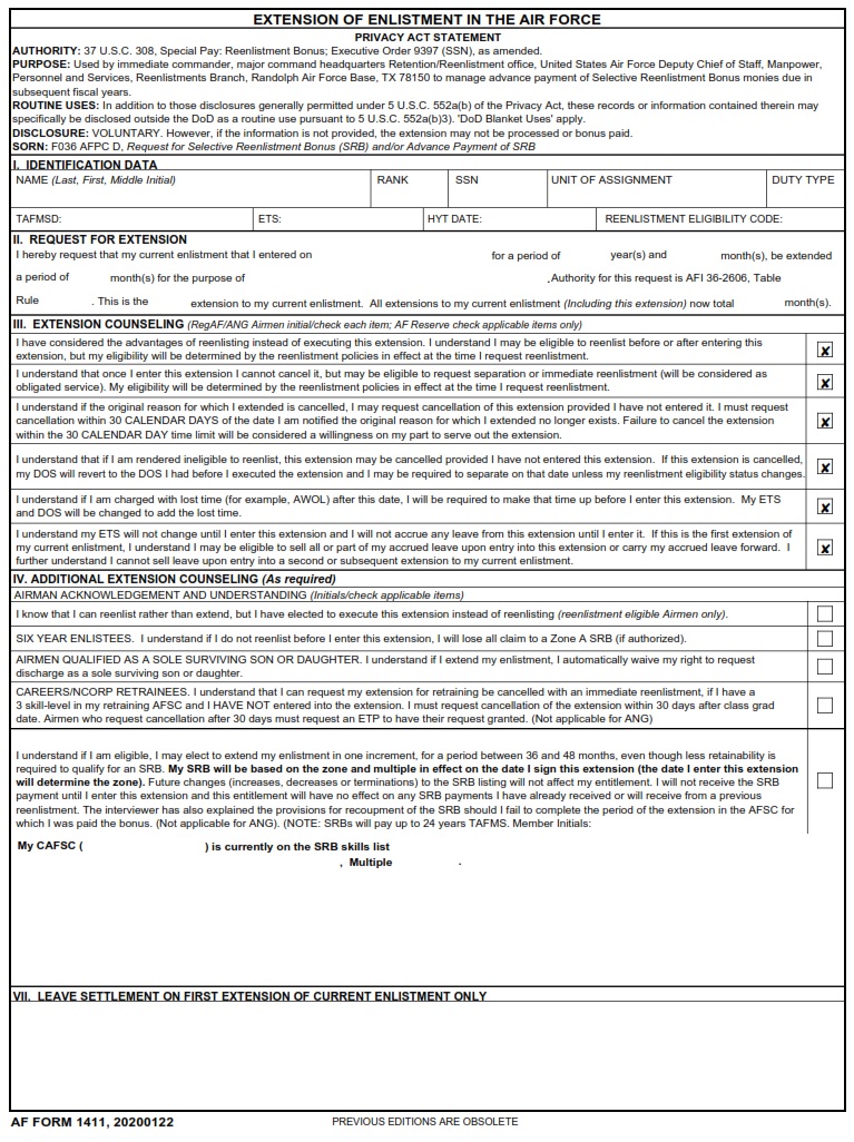 AF Form 1411 Extension Of Enlistment In The Air Force AF Forms