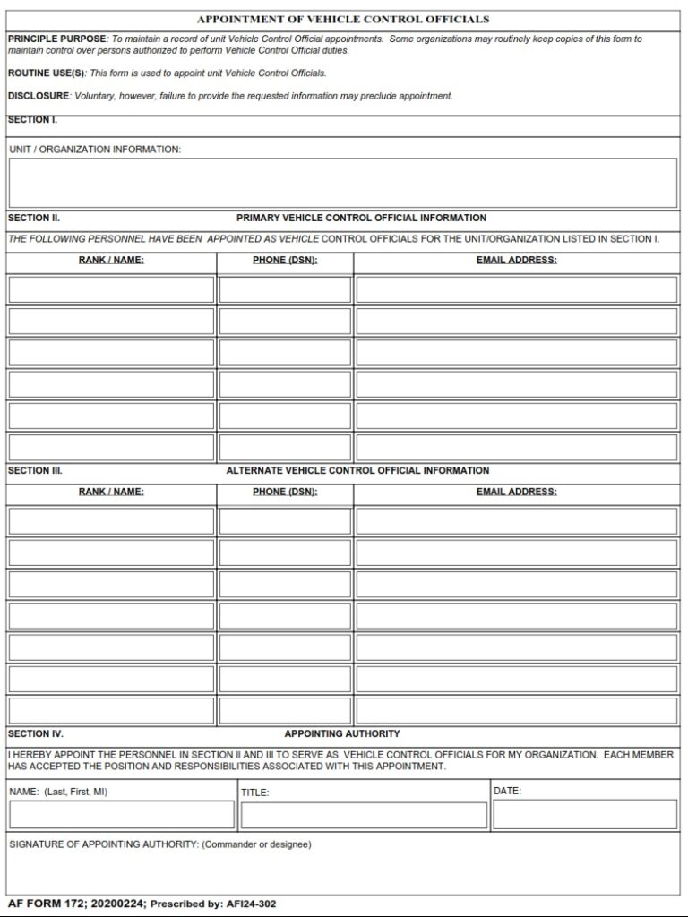 Af Form 172 Appointment Of Vehicle Control Officials Af Forms