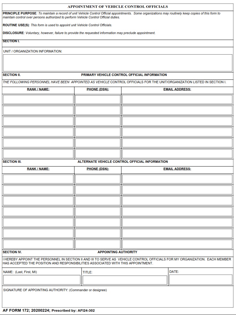 AF Form 172 Appointment Of Vehicle Control Officials AF Forms