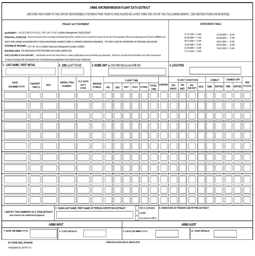 AF Form 3520 Arms Aircrew Mission Flight Data Extract AF Forms