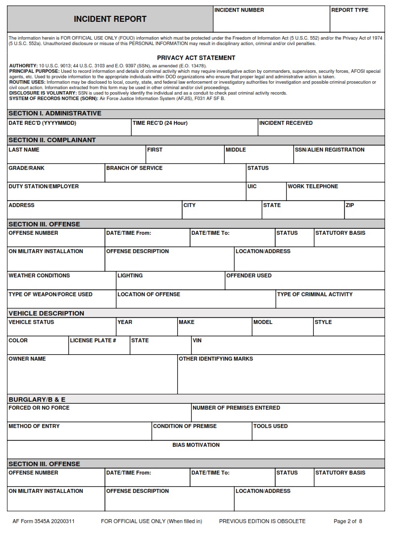 AF Form 3545A Incident Report AF Forms