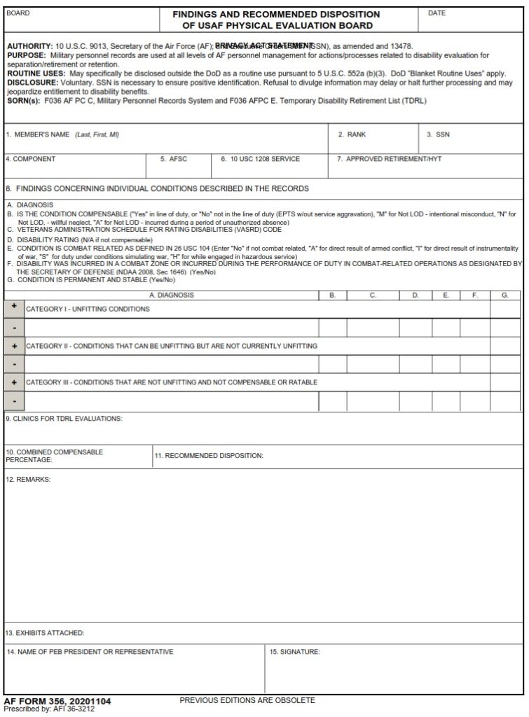 AF Form 356 – Findings And Recommended Disposition Of Usaf Physical ...