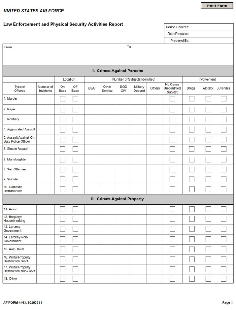AF Form 4443 Law Enforcement And Physical Security Activities Report af-form-4443-law-enforcement-and-physical-security-activities-report