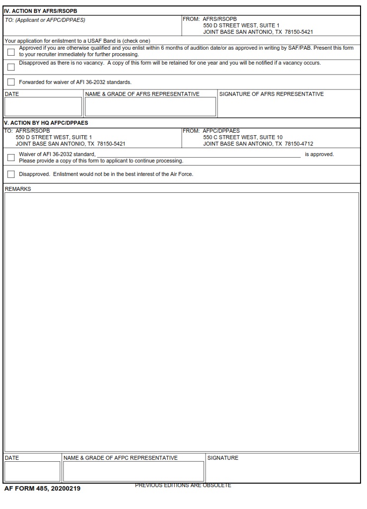 AF Form 485 – Application For Enlistment – US Air Force Band - AF Forms