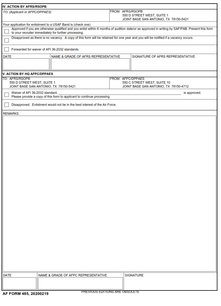 AF Form 485 Application For Enlistment US Air Force Band AF Forms