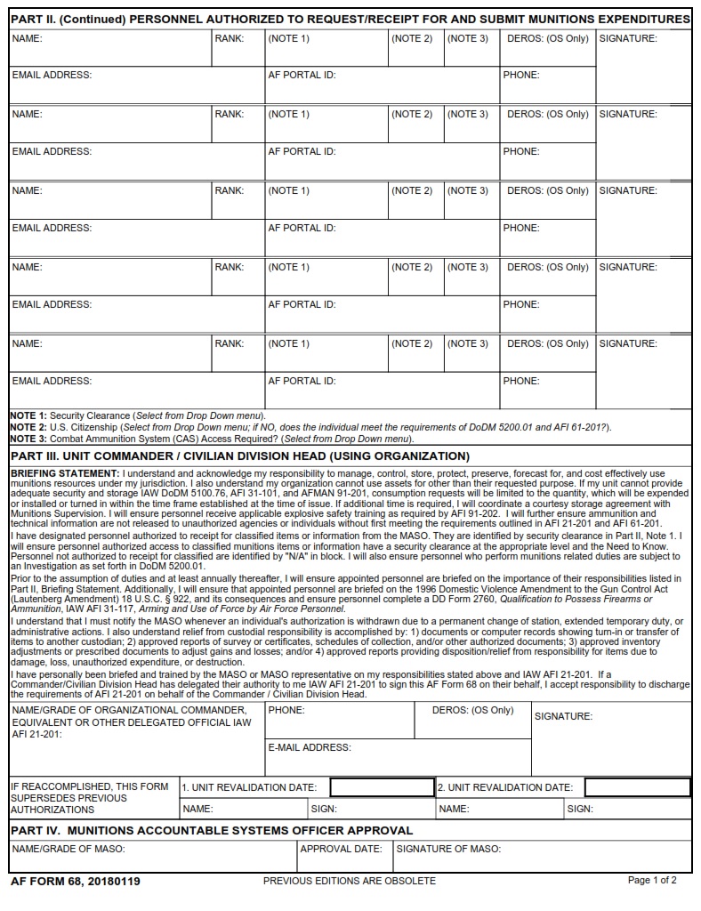 AF Form 68 Munitions Authorization Record AF Forms