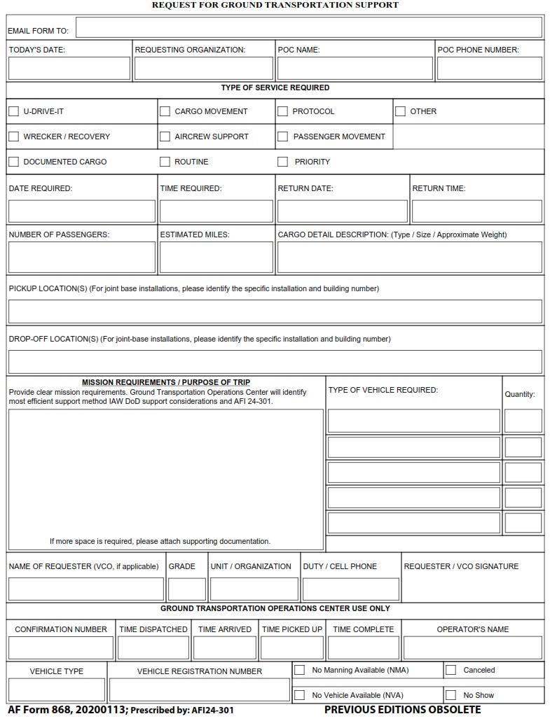 AF Form 868 Request For Ground Transportation Support AF Forms