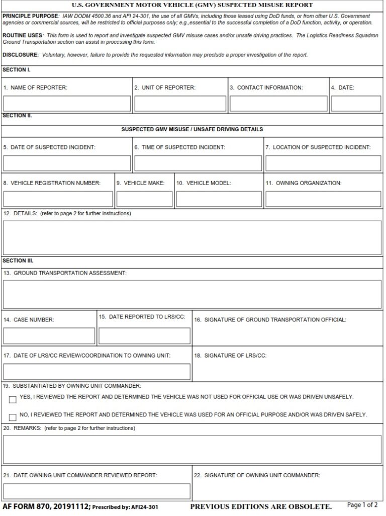 AF Form 870 U S Government Motor Vehicle GMV Suspected Misuse