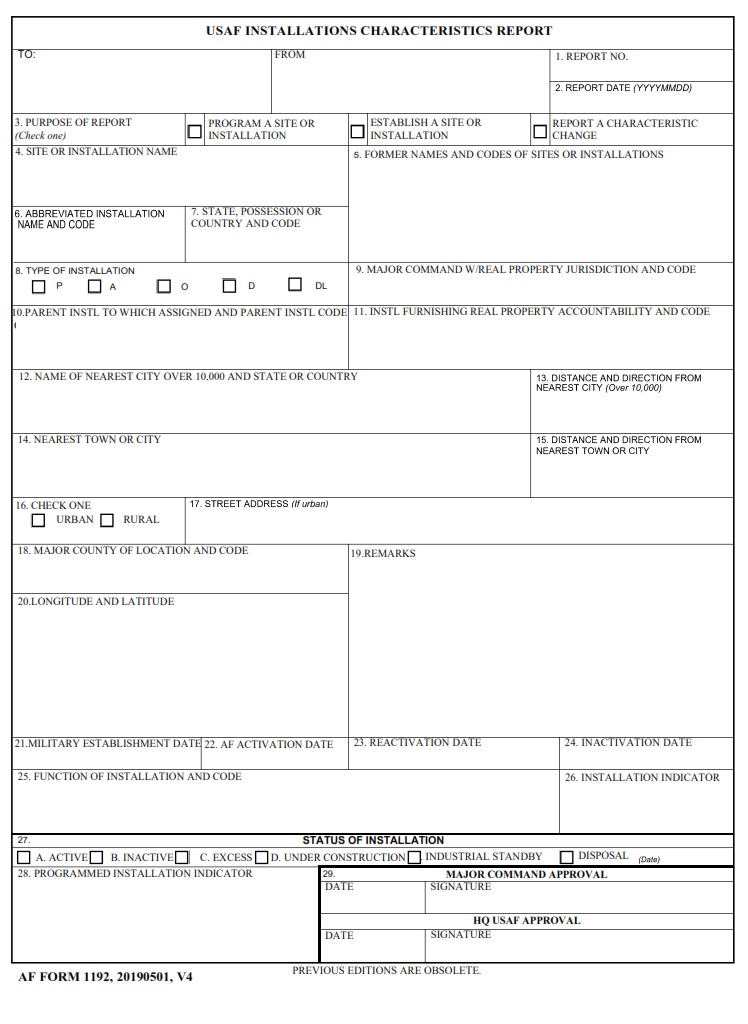 AF Form 1192 USAF Installations Characteristics Report AF Forms