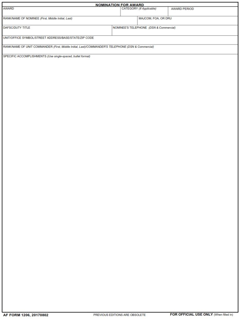 Af Form 1206 Nomination For Award Af Forms 5994