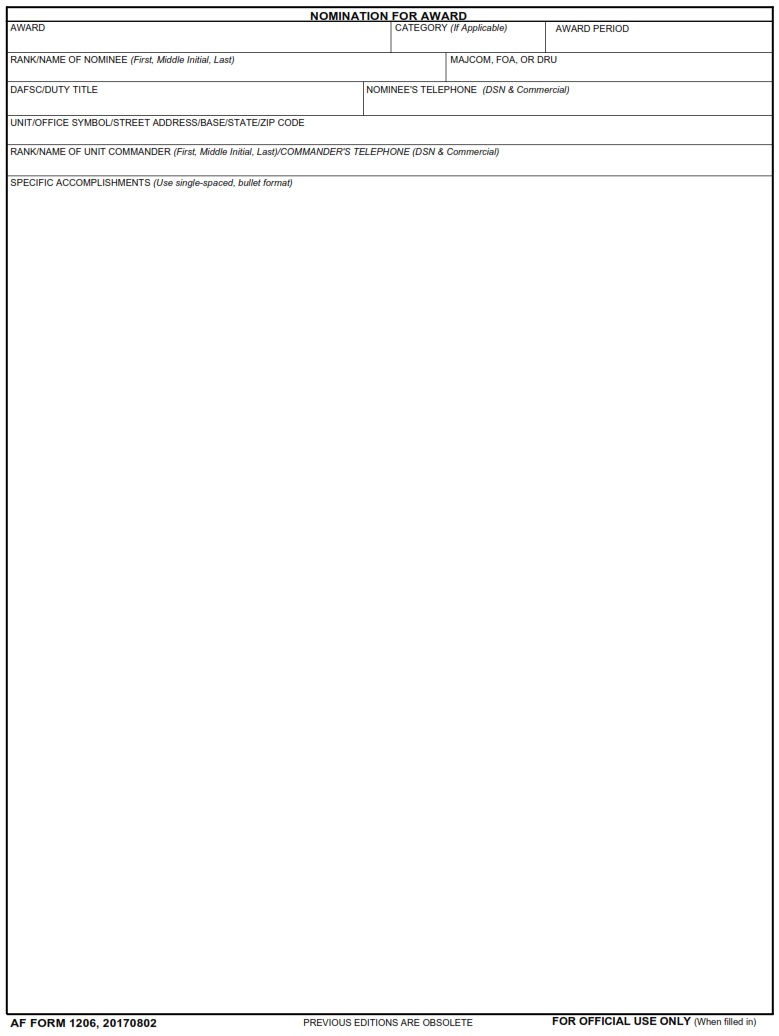 AF Form 1206 Nomination For Award AF Forms