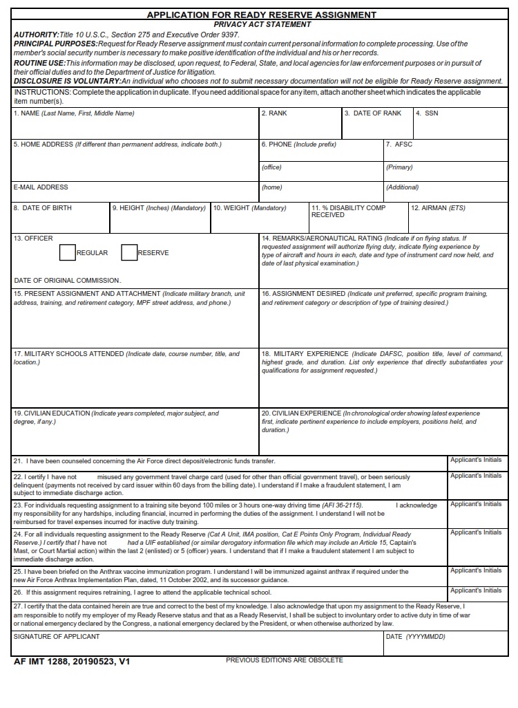 AF Form 1288 Application For Ready Reserve Assignment AF Forms
