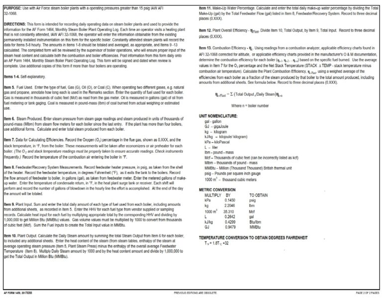 AF Form 1458 Daily Steam Plant Operating Log AF Forms