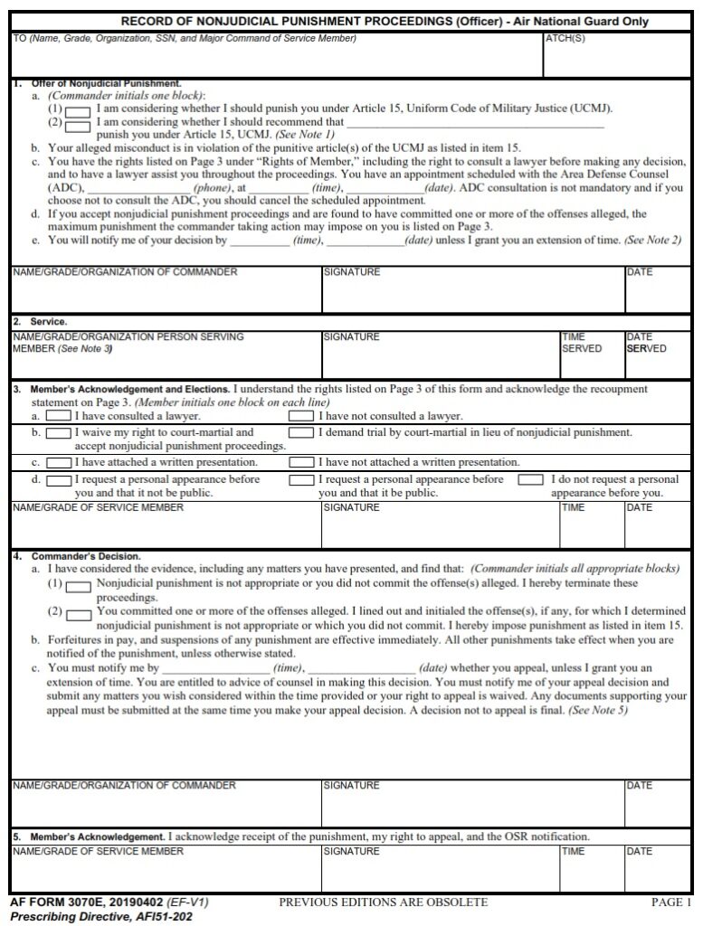 AF Form 3070E – Record Of Nonjudicial Punishment Proceedings (Officer ...