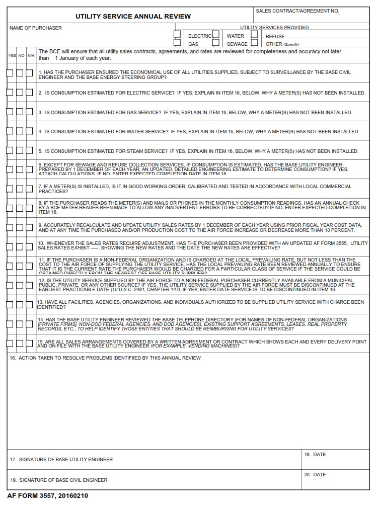 AF Form 3557 Utility Service Annual Review AF Forms