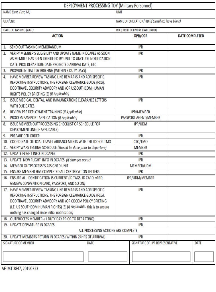 AF Form 3847 Deployment Processing TDY Checklist AF Forms