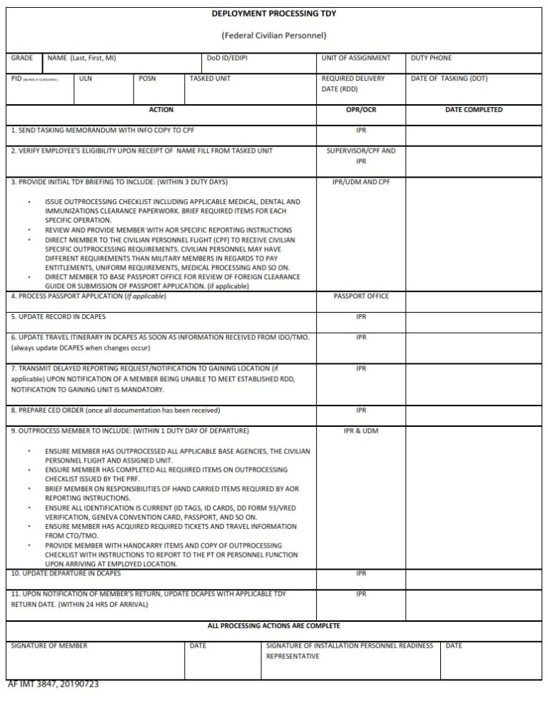 AF Form 3847 – Deployment Processing TDY Checklist - AF Forms