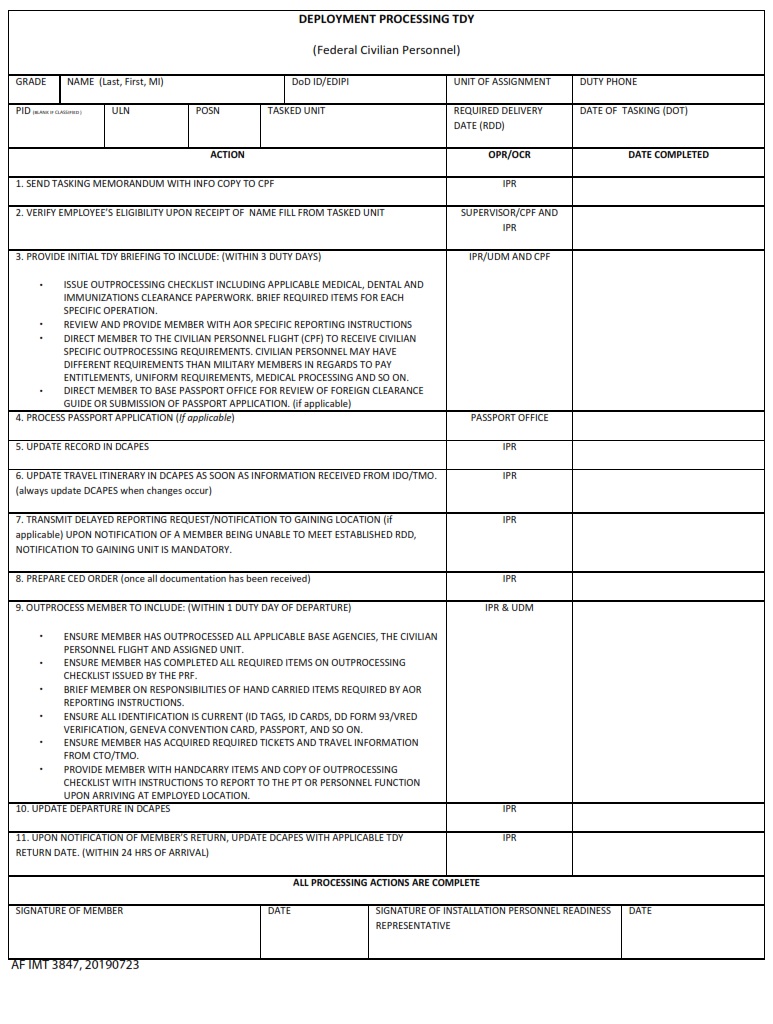 AF Form 3847 Deployment Processing TDY Checklist AF Forms