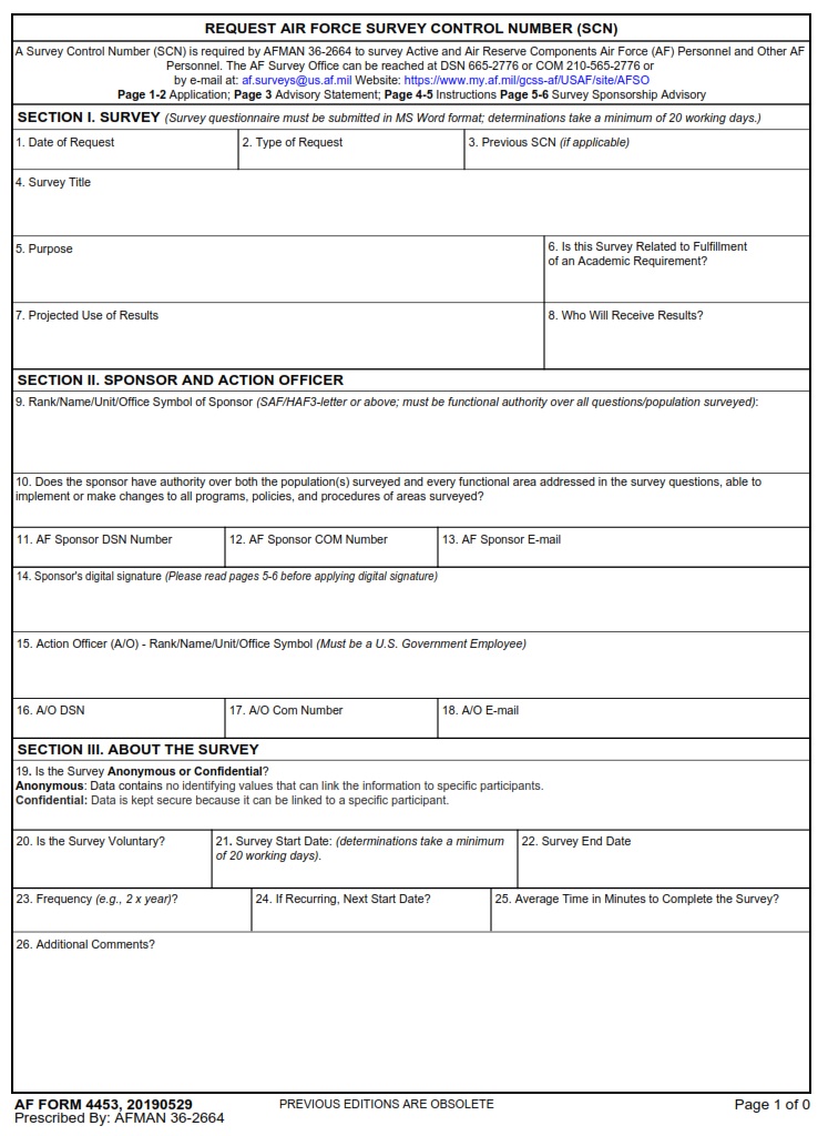 AF Form 4453 Request Air Force Survey Control Number SCN AF Forms