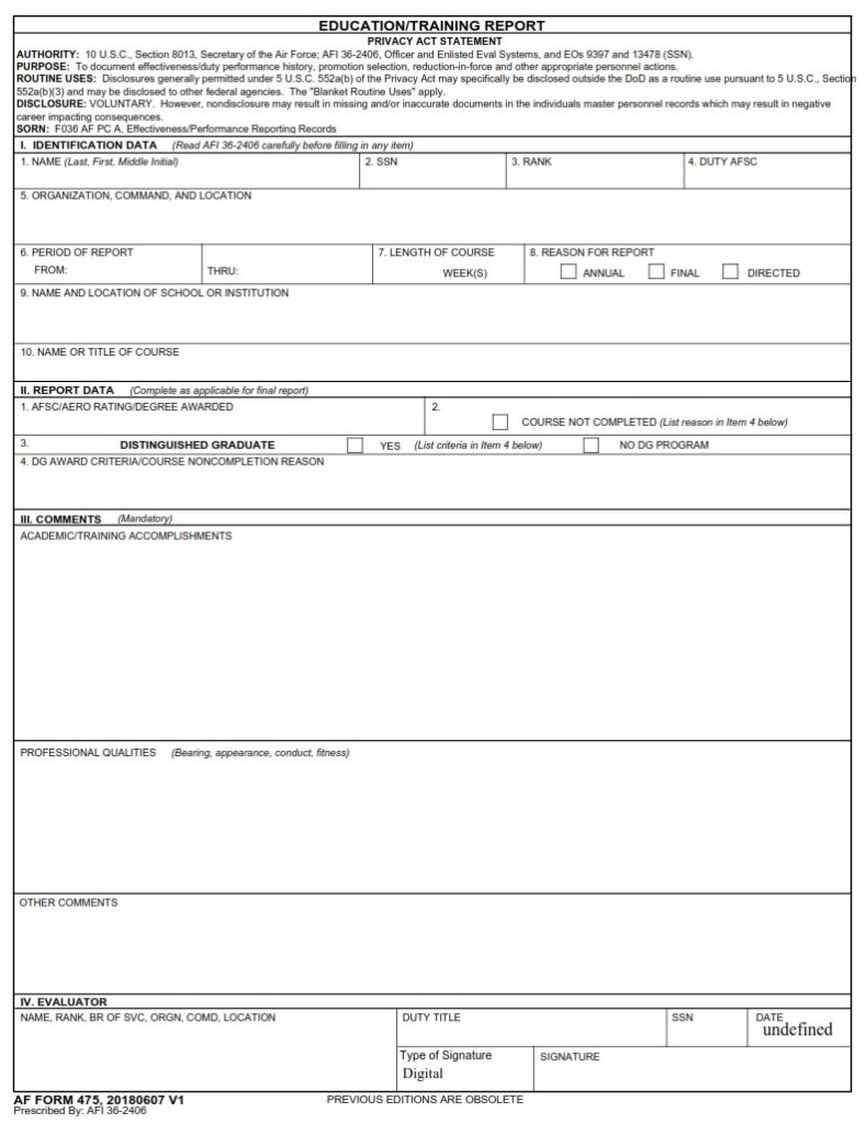 AF Form 475 – Education/Training Report - AF Forms