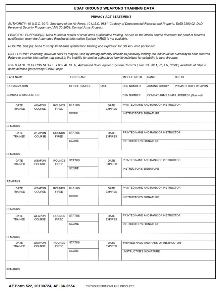 AF Form 522 USAF Ground Weapons Training Data AF Forms