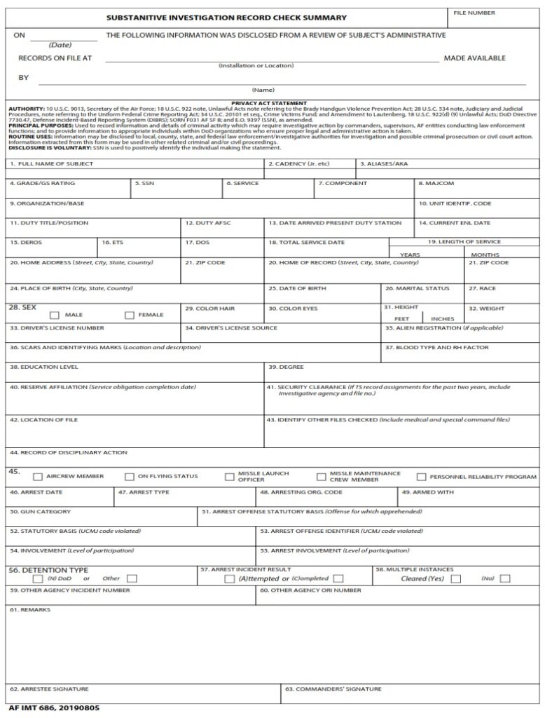 AF Form 686 – Substantive Investigations Record Check Summary - AF Forms