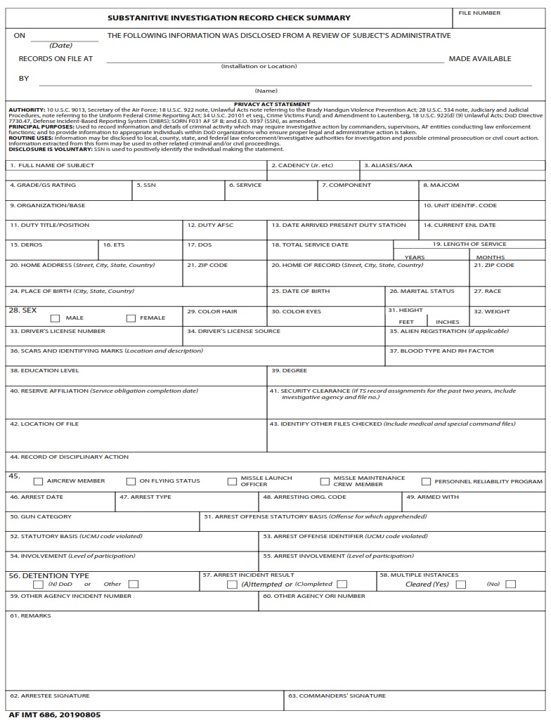 AF Form 686 Substantive Investigations Record Check Summary AF Forms