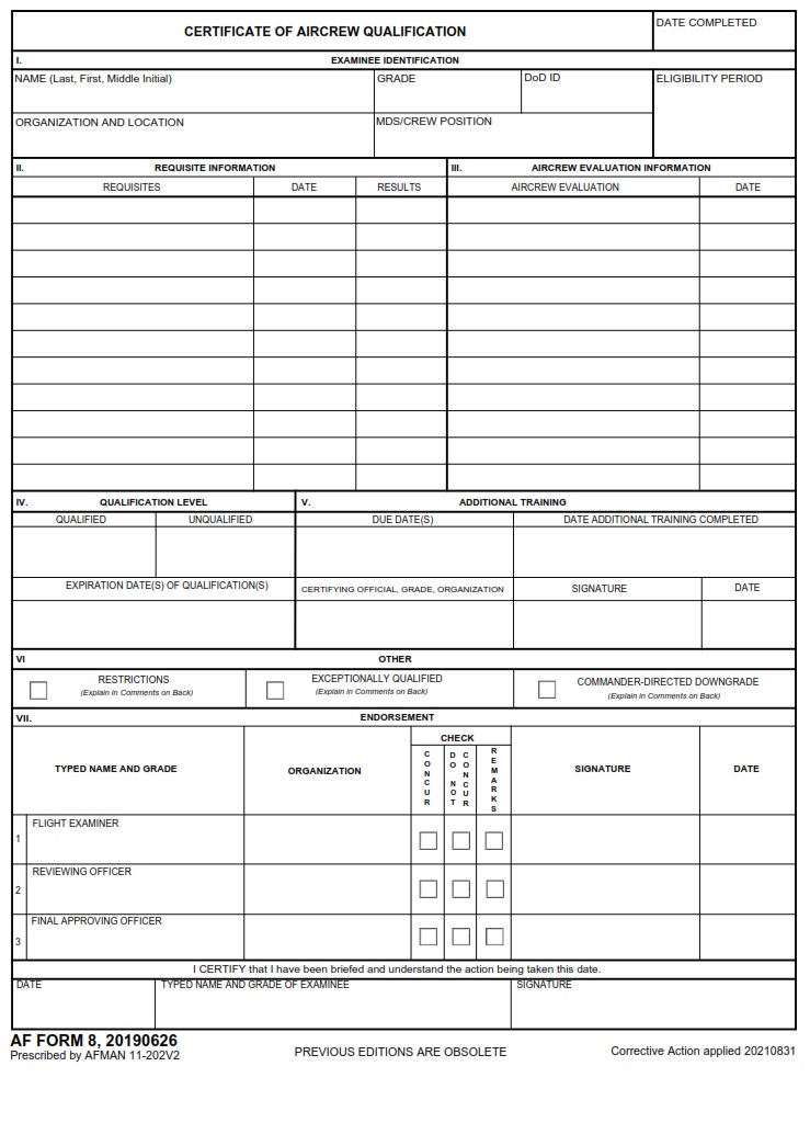 AF Form 8 Certificate Of Aircrew Qualification AF Forms