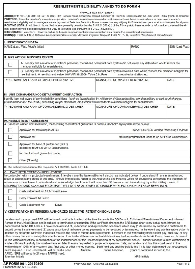 AF Form 901 – Reenlistment Eligibility Annex To DD Form 4 - AF Forms